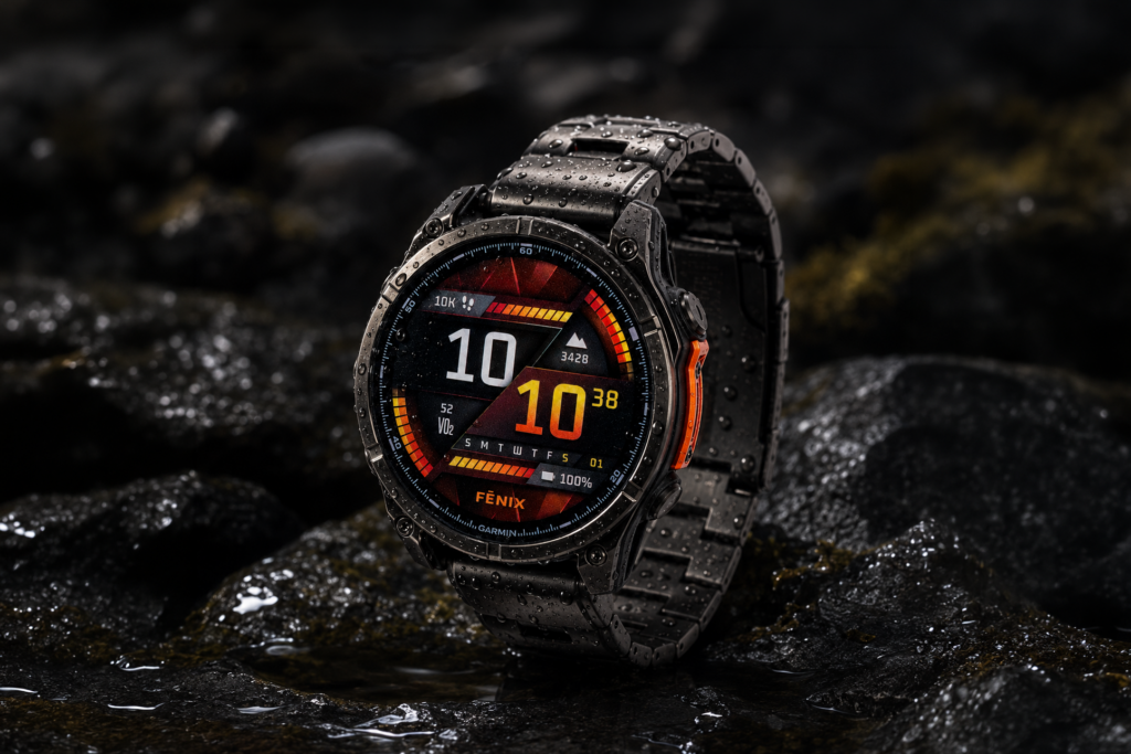 Garmin Fenix nutikell veepiiskadega tumedal kivipinnal
